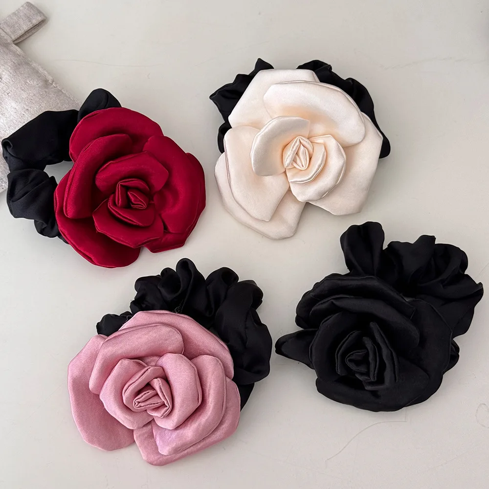 

DS NEW French Retro Fabric Camellia Hair Scrunchies High Elastic Scrunchies Hair Bands for Women Girls INS Hair Accessories