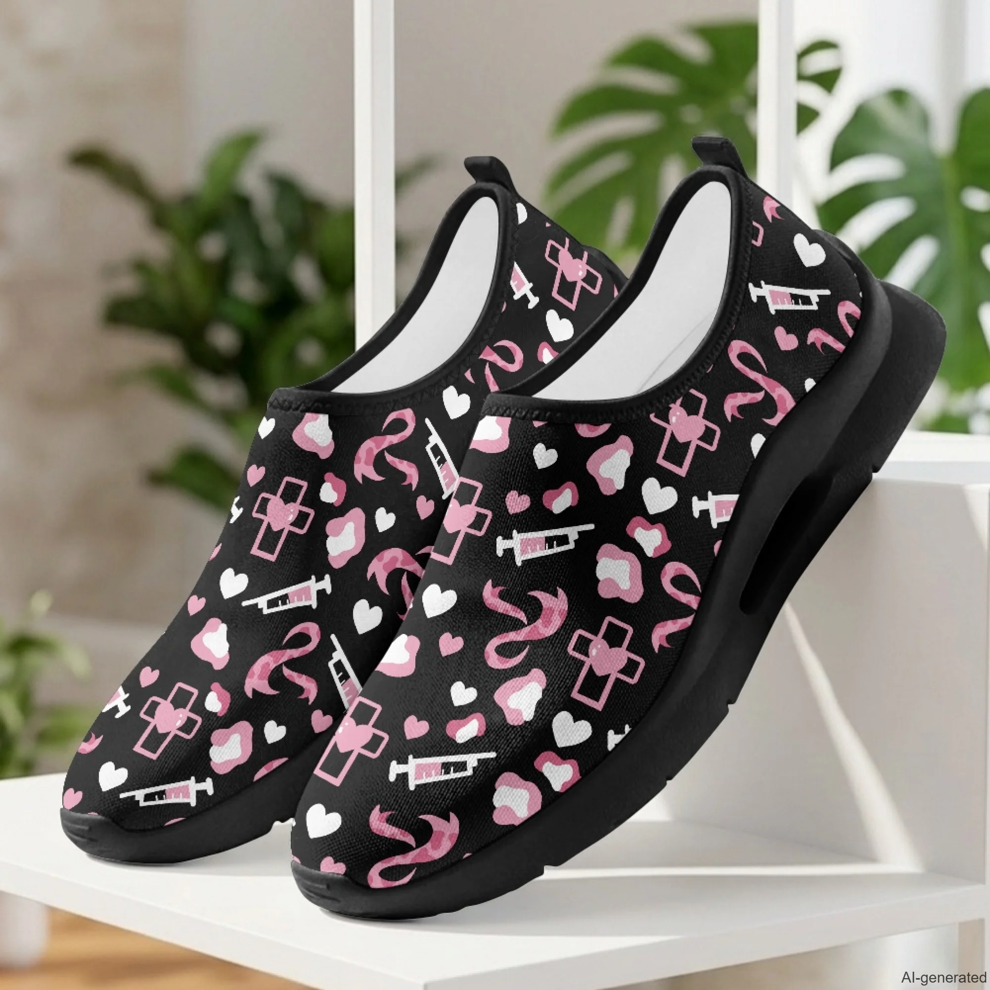 XIXIRIMIDO Nurse Shoes Black Casual Shoes Slip On Walking Shoes Pink Ribbon Breast Cancer Shoes Ladies Sneakers Male Sneakers