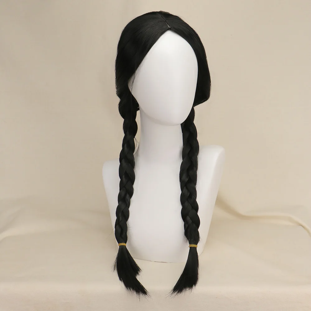 Parrucche di Halloween Mercoledì Parrucche Cosplay per ragazze Parrucca Treccia nera Lunga intrecciata nera diritta