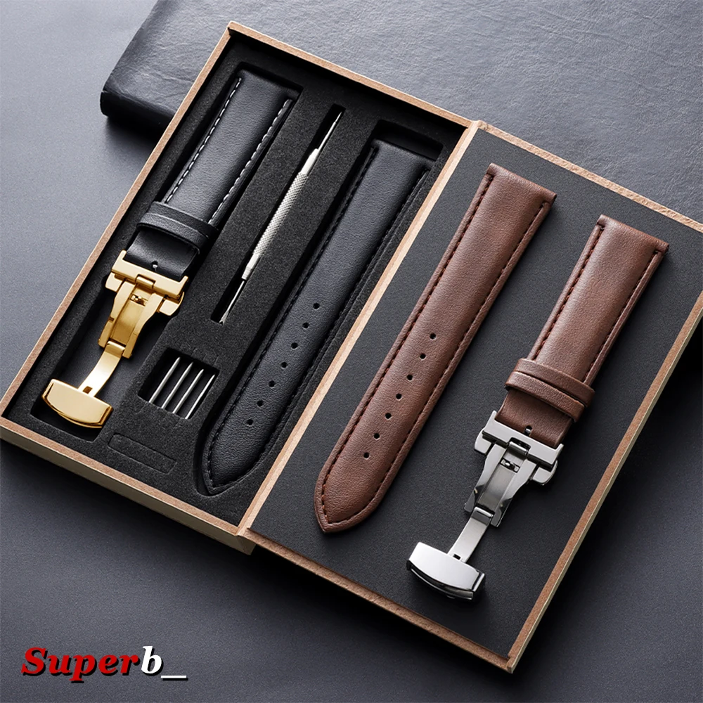 Vintage Leather Watchband 20mm 22mm Watch Strap Butterfly Buckle Men's and Women's Business Deployment Clasp Wristband with Box