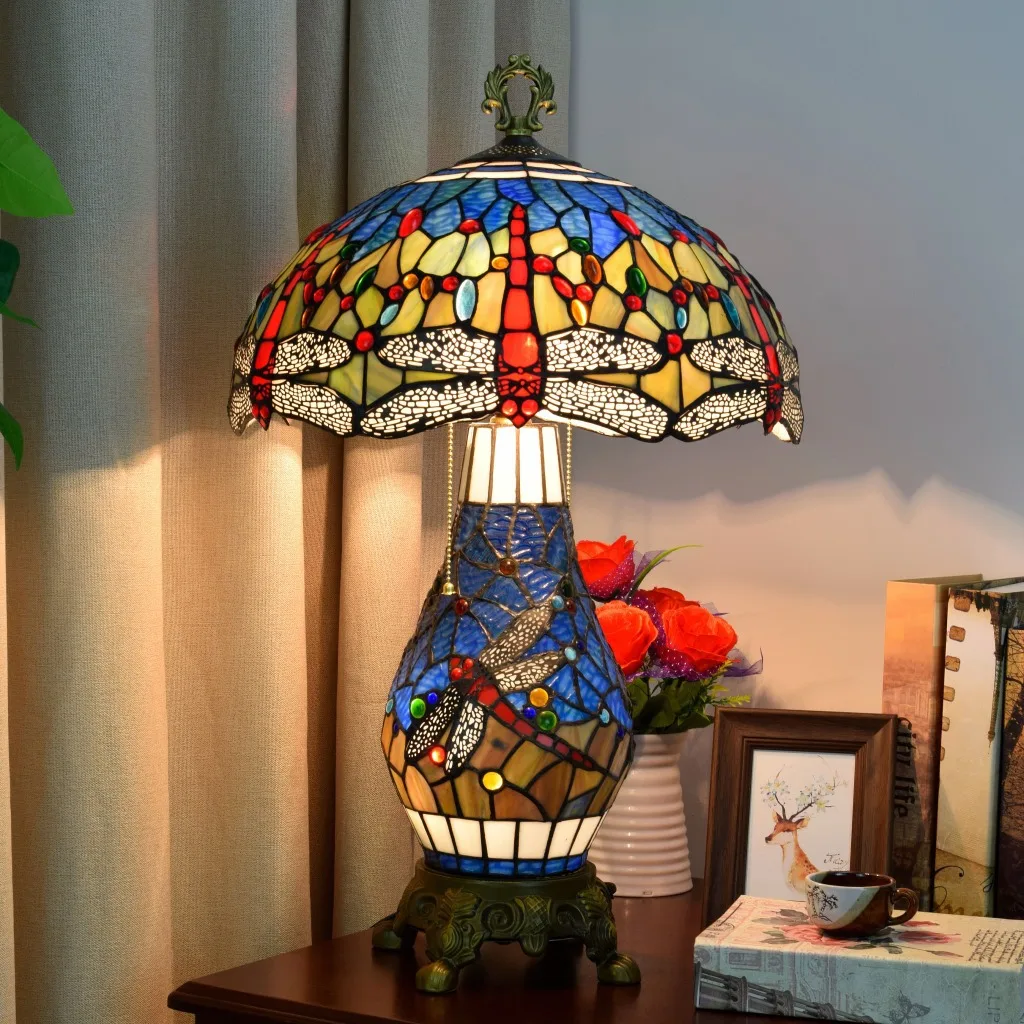 Style Eco-Friendly Flexible LED Table Lamp Blue Dragonfly Stained Glass Handmade Lampshade Desk Lamp Factory Wholesale