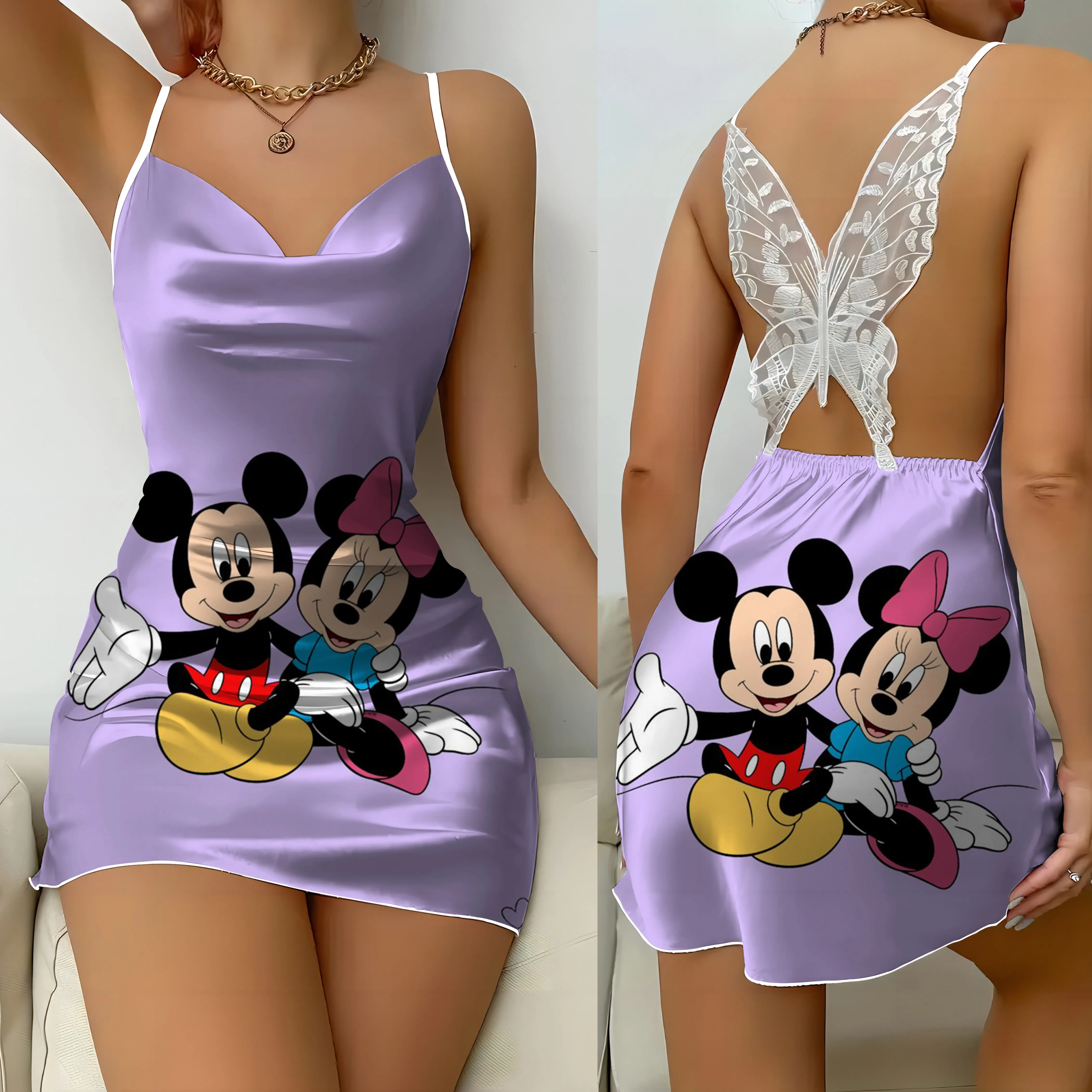 Abito in pizzo gonna pigiama moda abiti estivi 2024 Disney Minnie Mouse Mickey Bow Knot superficie in raso Womens Party Mini Sexy