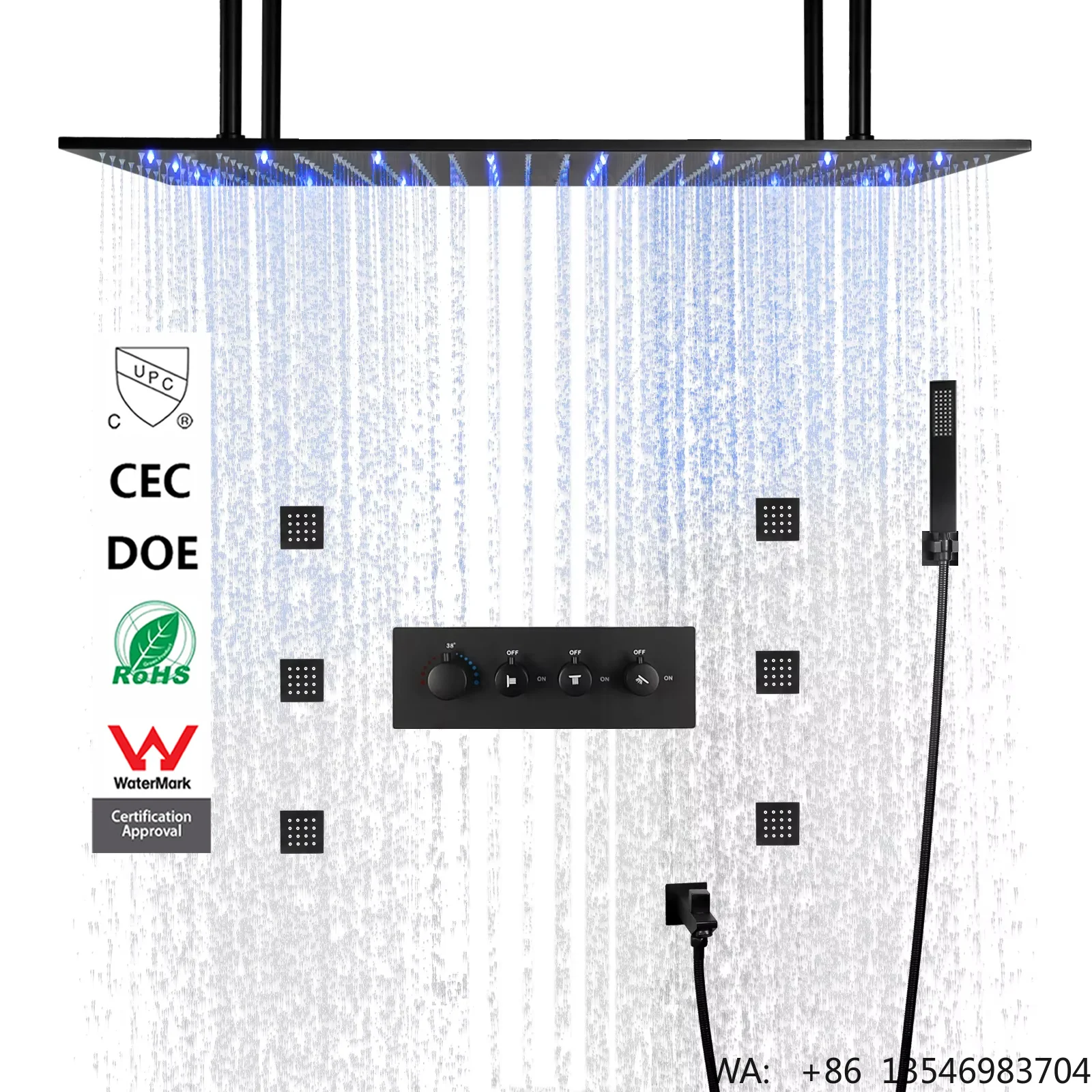 

400*800mm Embedded Ceiling 304 SUS Stainless Steel Bathroom Shower Head Matte Black LED Rainfall Thermostatic Shower Faucet Set