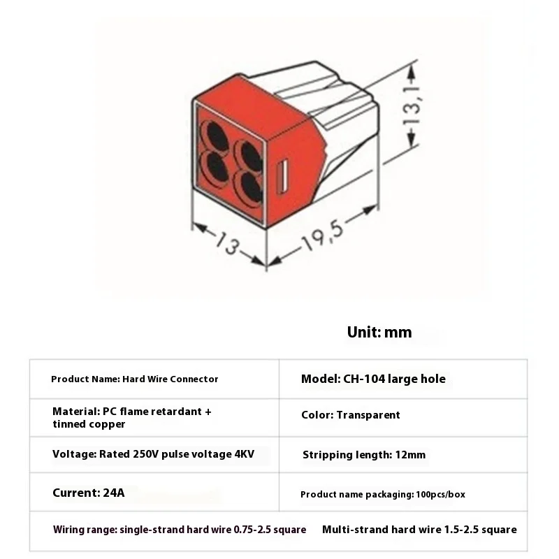 50Pcs 104 Orange Transparent Plug-in Quick Connect Terminal Building Wiring Four Hole Wire Connector Hard and Soft Wire