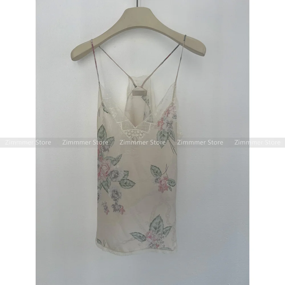 

Women's French Romantic Neckline Splicing Lace Jacquard Printed Silk Small Camisole Top