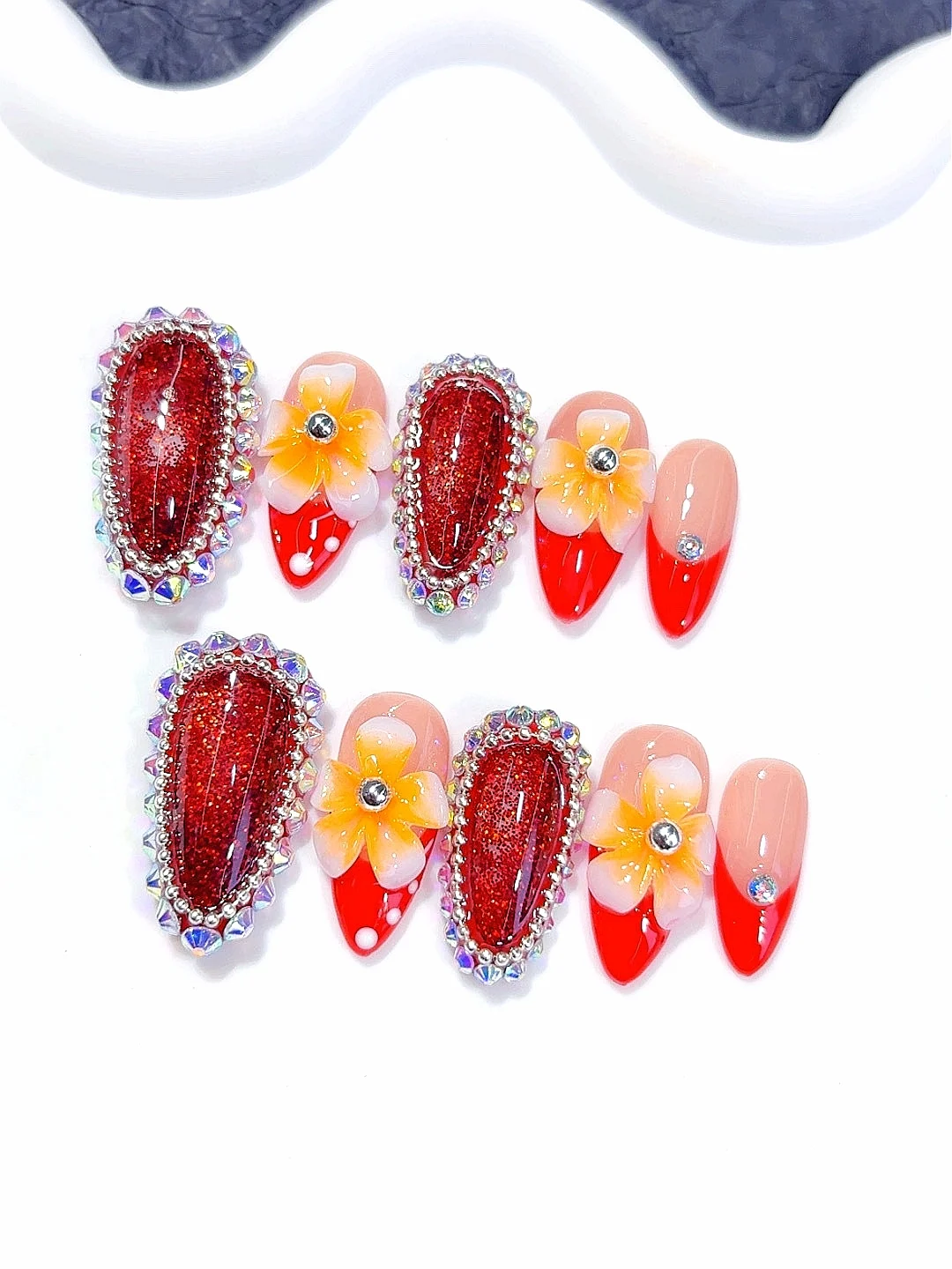 

Red Resin Flowing Glitter Press on Nails - 3D Flower Iridescent Rhinestone Pearl Accent False Nails Handmade for Women（O09）