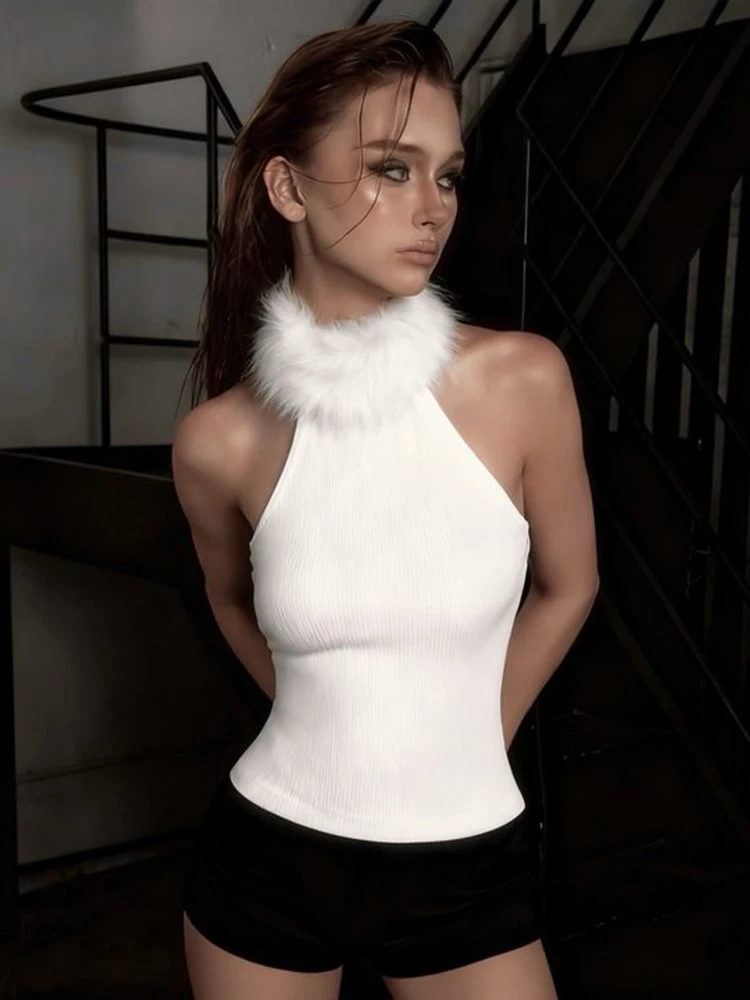 Weird Puss Classic Christmas Halter Tank Top Women Fur Collar Simple Wild Sexy Hottie Basic Stretch Skinny Street Clubwear Vest