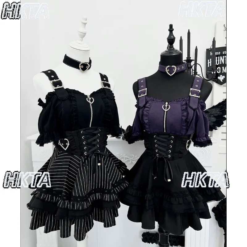 

Original Japanese Subculture Cosplay Lolita Shirt Blouse Summer New Color Block Short Sleeve Shirts High Waist Pleated Skirt Set