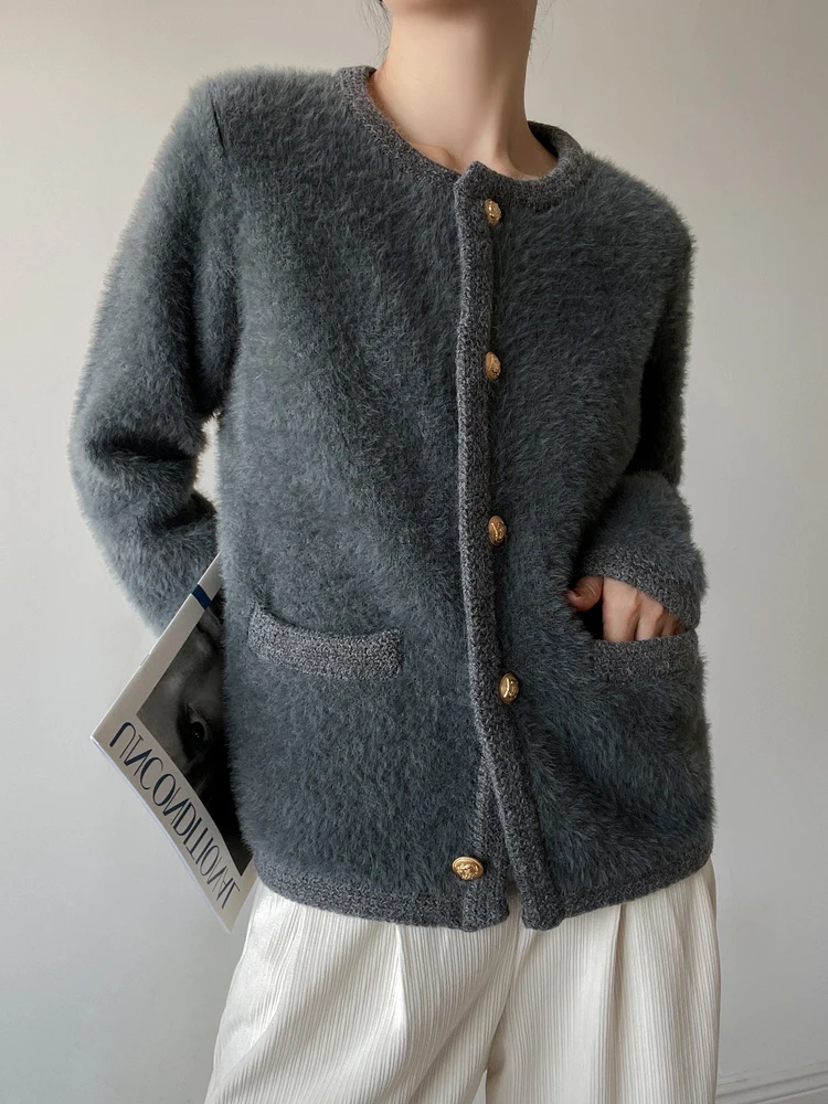 여성용 니트 밍크 스웨터 코트 가을 겨울 루즈핏 라운드넥 롱 슬리브 따뜻한 싱글 버튼 클로저 컬러