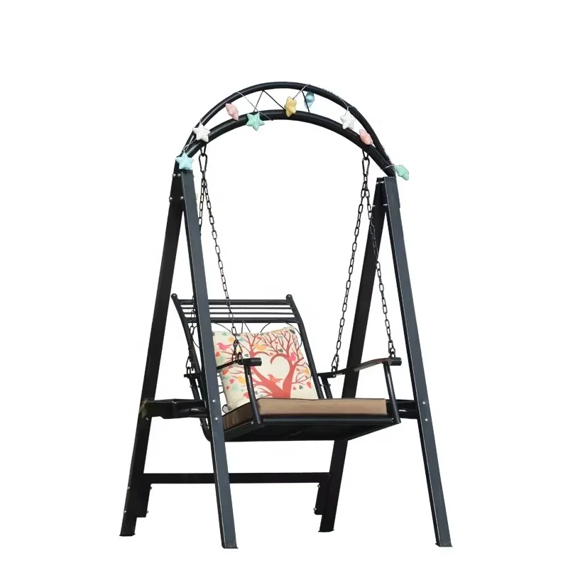 Outdoor Durable Vintage Wrought Iron Single Hanging Rocking Chair With Bracket and Exquisite Pendant