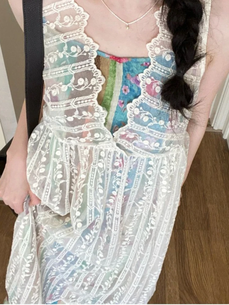 HOUZHOU-vestido feminino branco de renda, elegante vestido vintage, Fairycore estético boho, ver através, vestidos de festa na praia, Lolita Y2k coreano