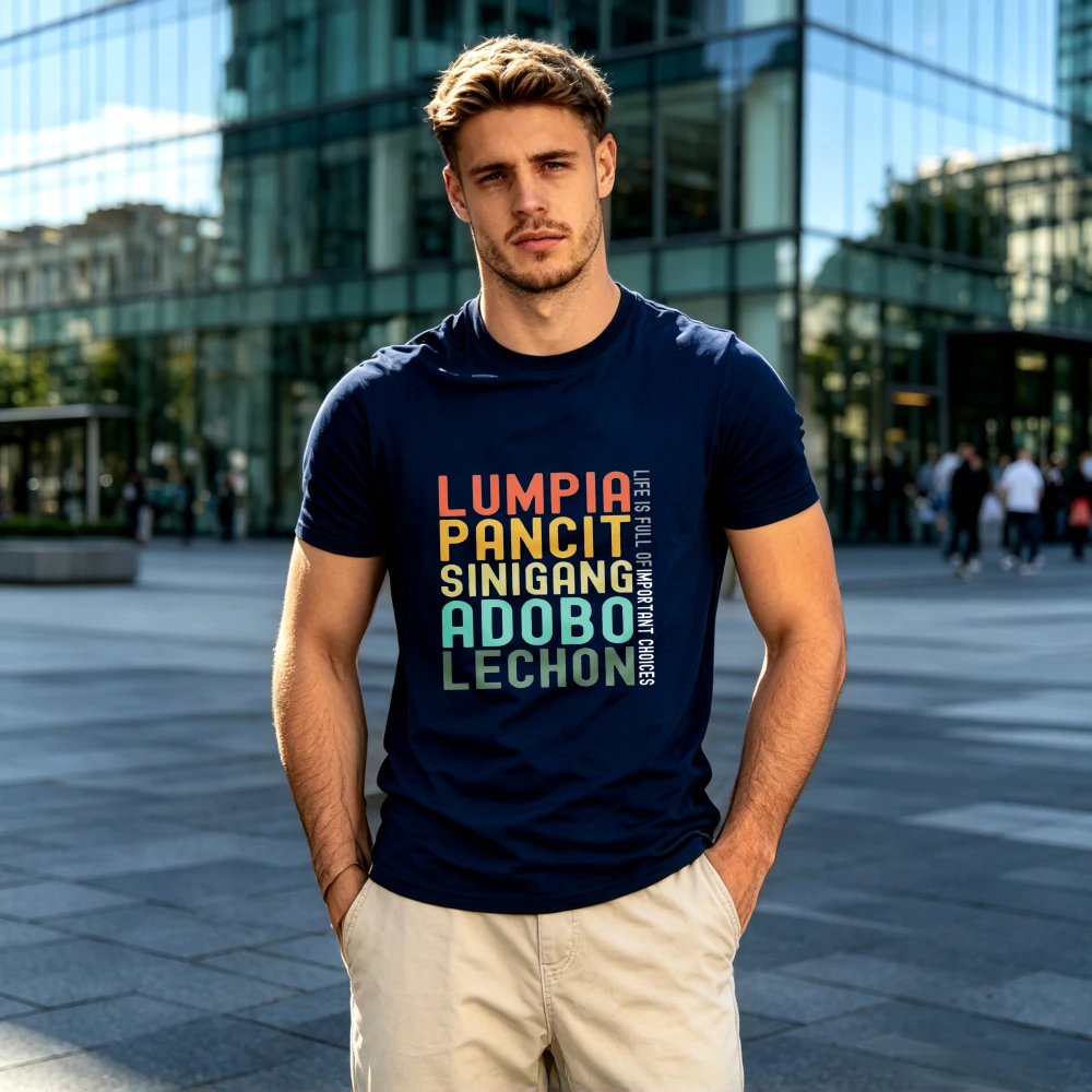 Men Crew Neck Short Sleeve T Shirt Filipino Cuisine Retro Letter Print Casual Summer Tops Food Enthusiast Cultural Loose Fit Tee