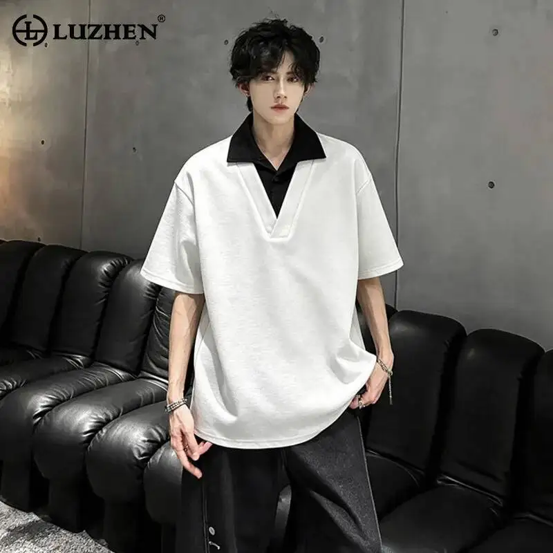 LUZHEN 2026 Summer Fake Two Piece Design Shoulder Pad Short Sleeve T-shirts Men's Trendy Korean Loose Pullover Male Tops JY7255