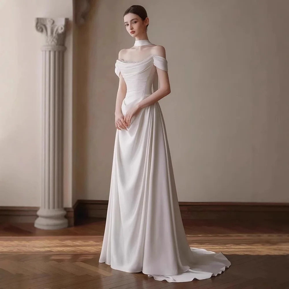 맞춤형 새틴 웨딩 드레스 여성용 스윕 기장 비즈 장식 프롬 이브닝 드레스 우아한 정장 파티 드레스