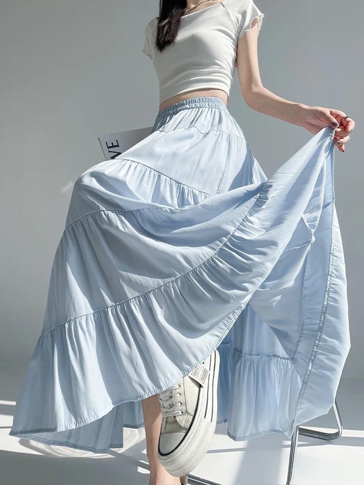 

Blue Cotton Linen f Skirt Women Summer Vaion Sle High Waist Dra Slimming Maxi Skirt Flounce Hem Commute Cake Skirt