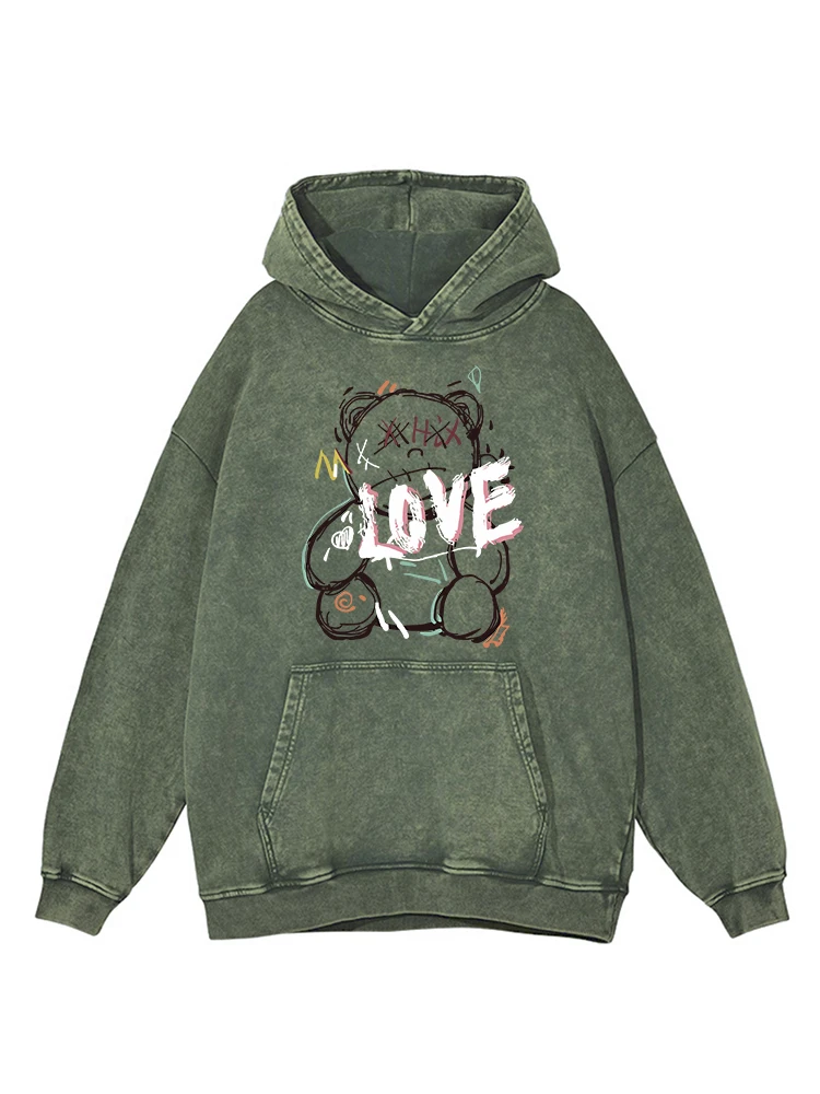 

Graffiti Love Teddy Bear Print Distressed Washed Hoodie Female Autumn Crewneck Cotton Hoodies Casual Oversized Clothing Women