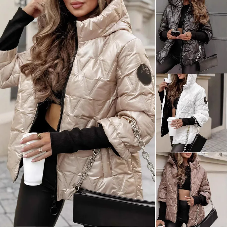 

2025 Autumn Winter New Fashion Hooded Stylish Loose Long Sleeve Patchwork Cotton V-shaped Jacket Coat for Women