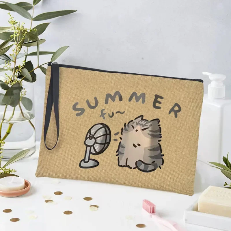 Cute Cat Illustration Linen Makeup Bag, Estojo de lápis escolar para meninas, Travel Toiletry Bag, Organizador de maquiagem, Presente, Super engraçado