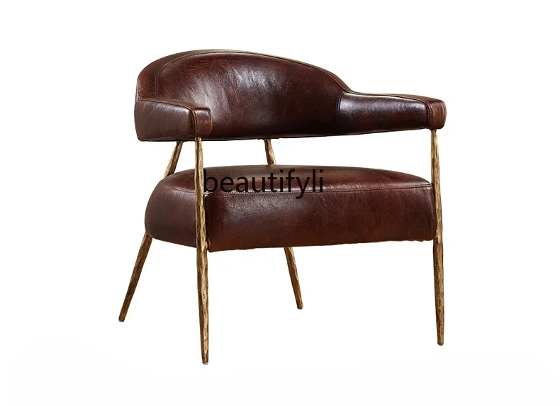 

Modern simple Nordic retro medieval style hand-forged wrought iron leather single sofa chair oil wax leather recliner