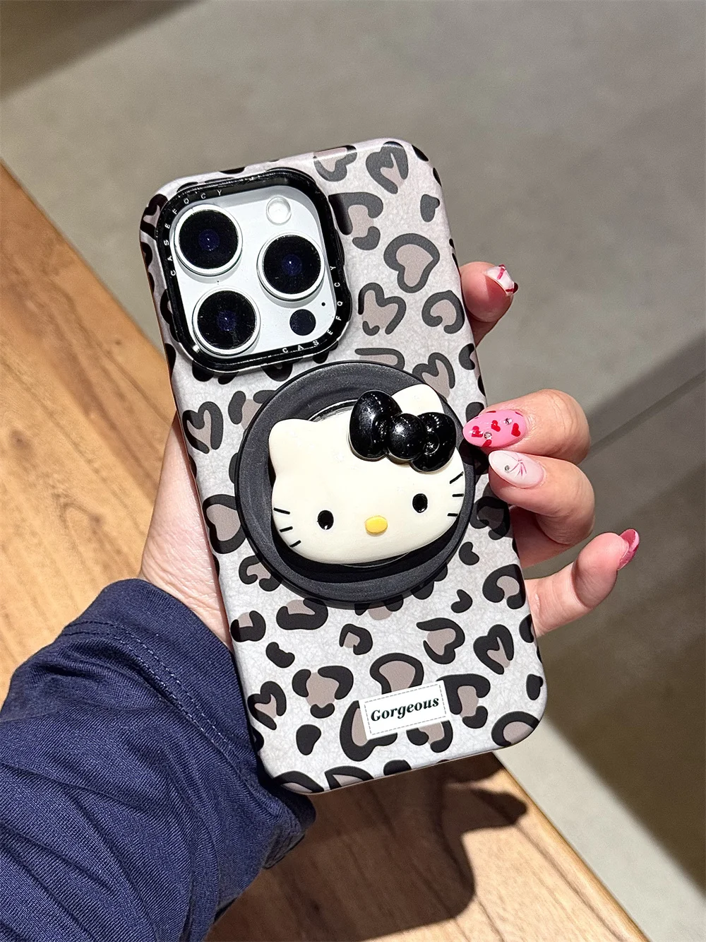 

New cute gray leopard print KT cat strap holder suitable for iPhone 17 12, 13, 14, 15, 16 Pro Max anti fall full set