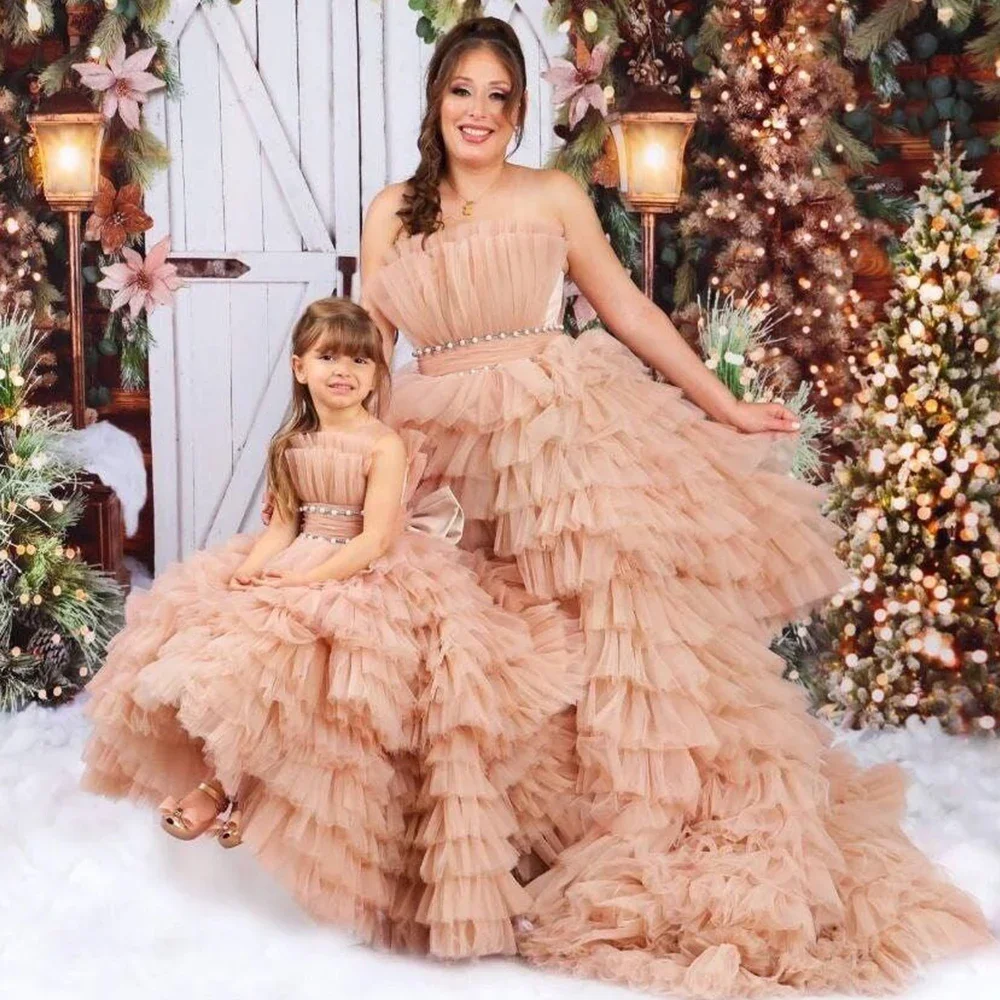 

Mommy and Me Matching Long Evening Dress Fluffy Tulle Ruffles Gowns Mother and Daughter Birthday Party Prom Dresses Photoshoot