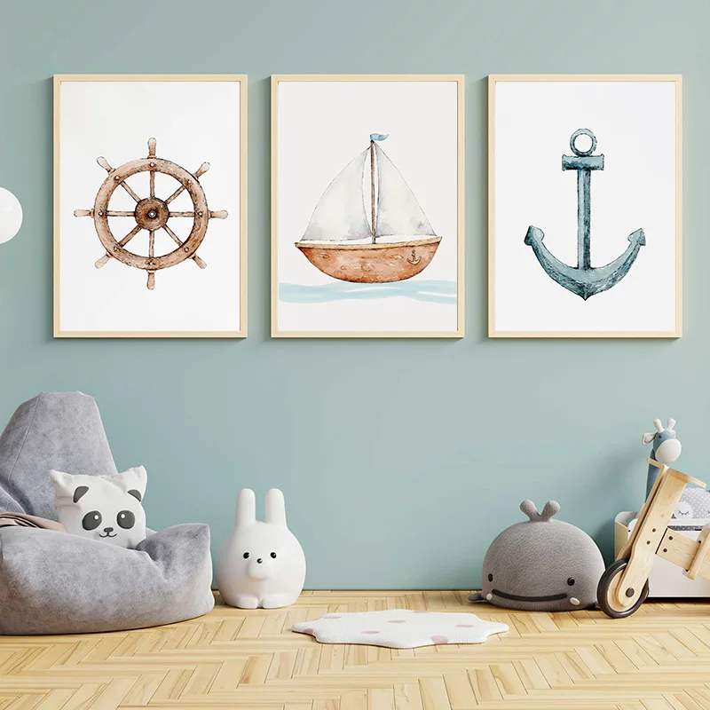 Cartoon Style Nautical Boat Anchor Kids Room Wheel Boat Art Poster Canvas Painting Wall Prints Picture Living Room Home Decor