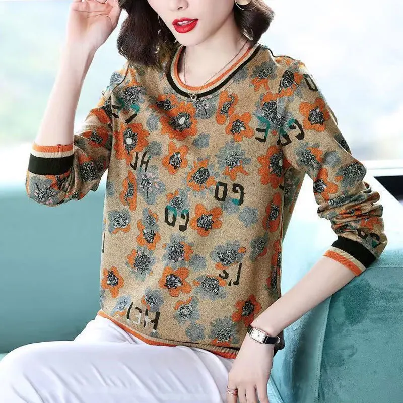 Appliques Tjin Spring Summer Floral Women's Clothing Sweaters Pullovers Appliques O-neck Loose Printing Geometric Office Lady