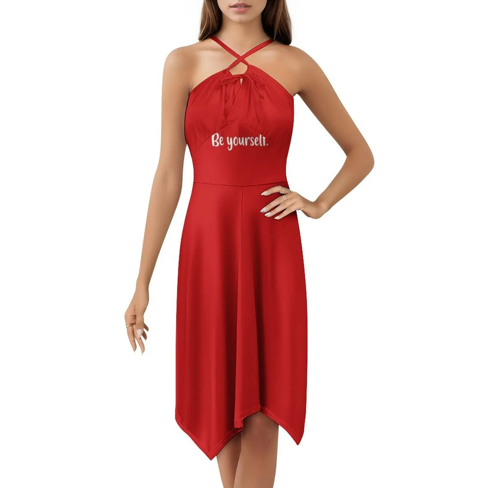 كن نفسك (Red Bg) فستان بفتحة عنق على شكل قلب فستان صيفي أنيق للحفلات للنساء صدق بنفسك