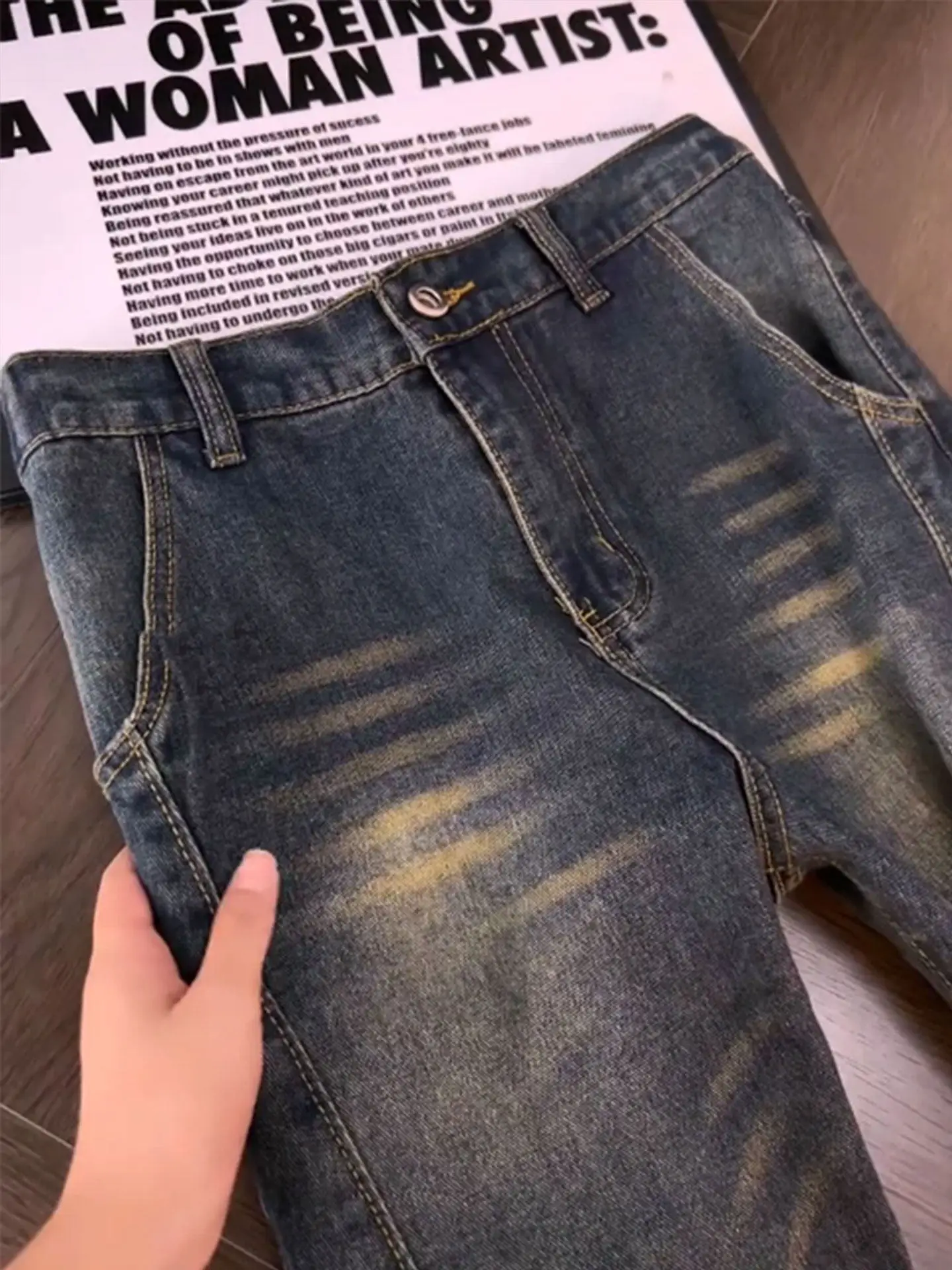 Retro Blue Deconstructed Patchwork Men's Jeans High Waist Lengthening Straight Leg Micro Flared Pants Casual Wear Summer Jeans
