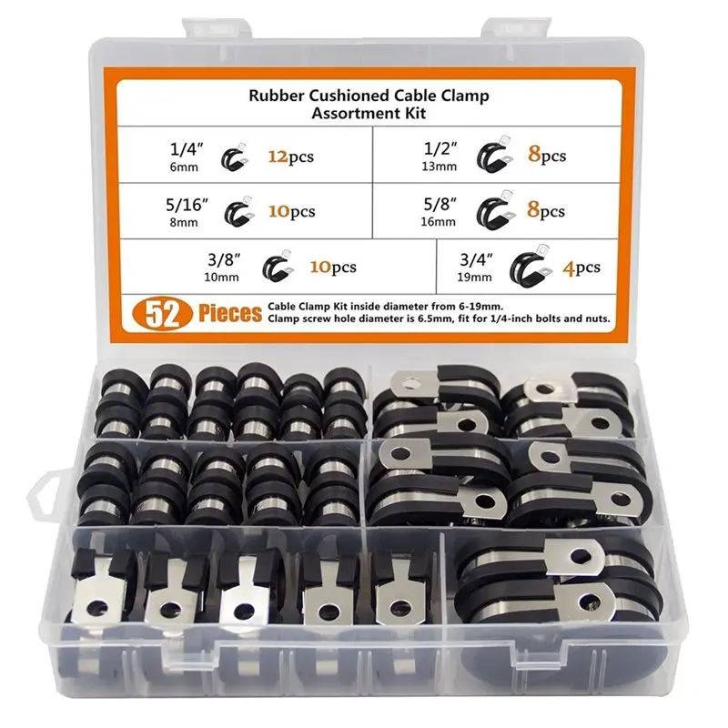 A02F-Cable Clamps Assortment Set Of 52Pcs 304 Stainless Steel Rubber Cushion Pipe Clamps For Wires, Hoses, Tubes Auto Marine Hom