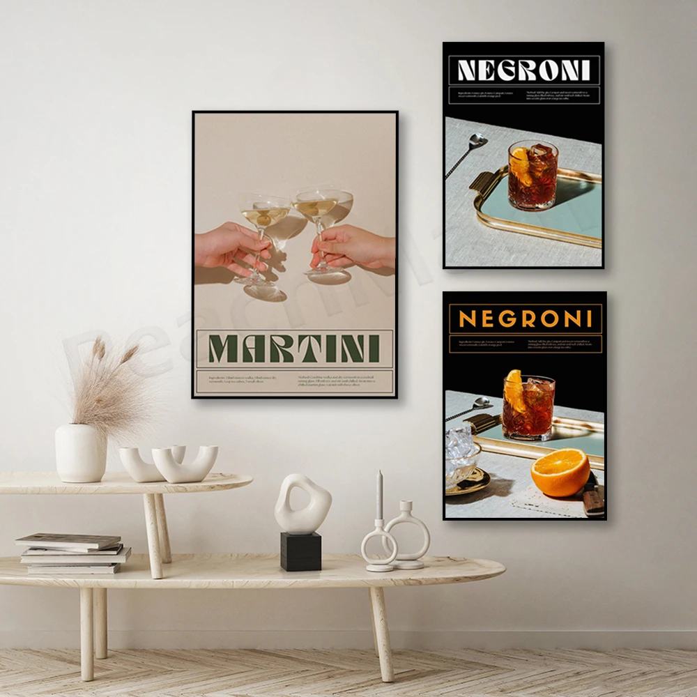 

Negroni, Dry Martini Print Cocktail Art Poster Alcoholic Print Cocktail Gift Bar Trolley Wall Art Vintage Kitchen Decor