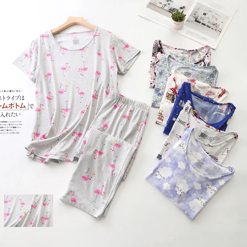 

Plus Size Summer Pajama Sets Women's Short Sleeve Cropped Pants Stretchy Knit Sleepwear Lightweight Homewear 2PCs Suit