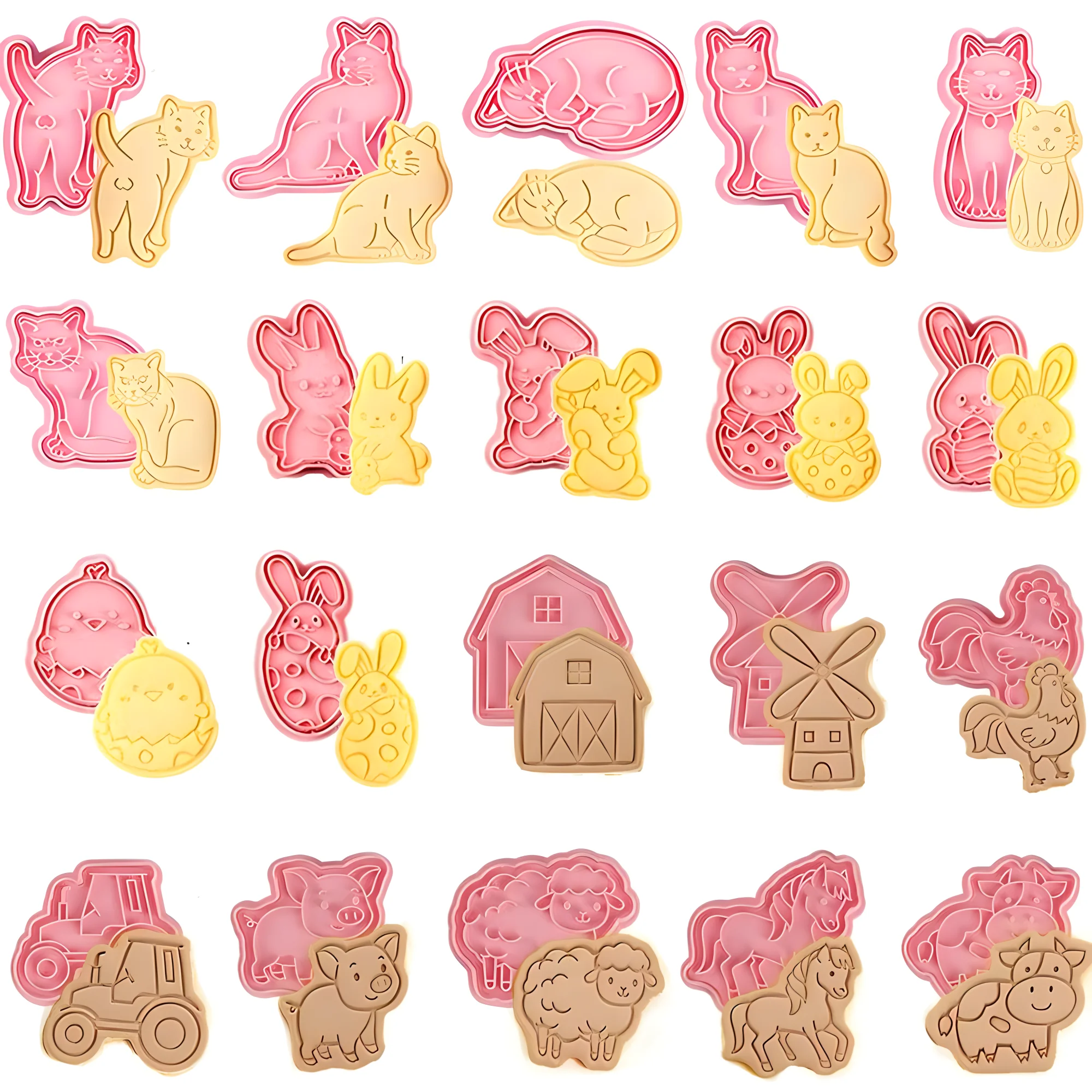 Cookie Cutter Farm Animal Cat Rabbit Shape Dough Stamp Plastic Pressable Biscuit Mold Confectionery Baking Baker Pastry Tools