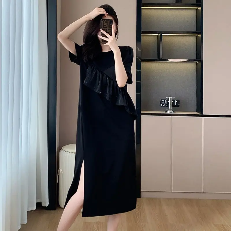 2025 Summer Women Casual Daily Joker Black Loose Midi Dress Lady Cozy O-Neck Short Sleeve T Shirts Dresses Split Ruffle Clothing