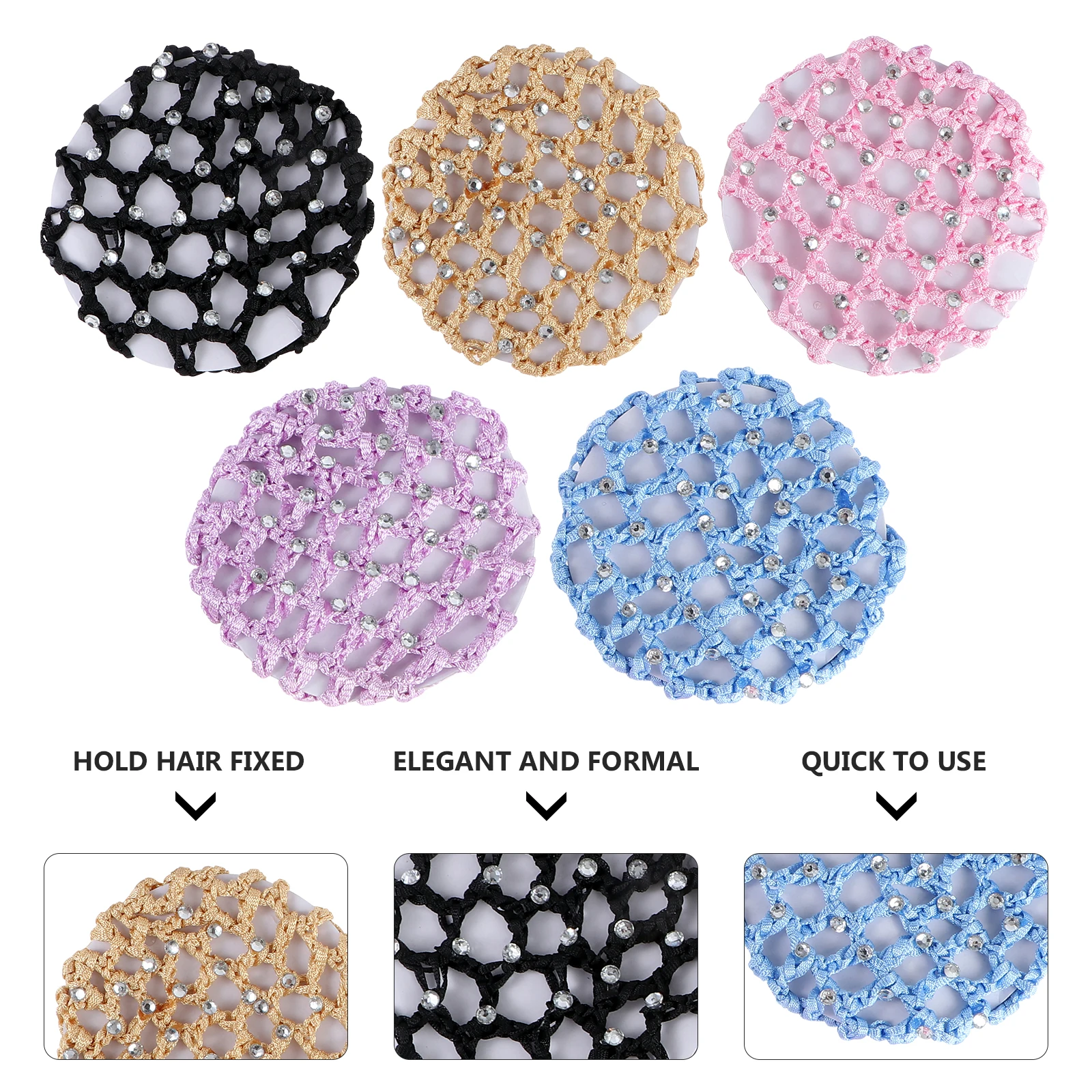 

5pcs Elastic Snood Net Handmade Crochet Hairnets For Dance Gymnastics Party Black Maize-Yellow Light Purple Blue Bun