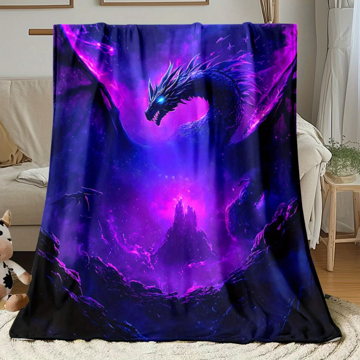Lightweight Flannel Blanket Featuring a Dark Dragon with a Purple Glow, Perfect for Home Decor, Suitable for Sofas, Beds, Travel