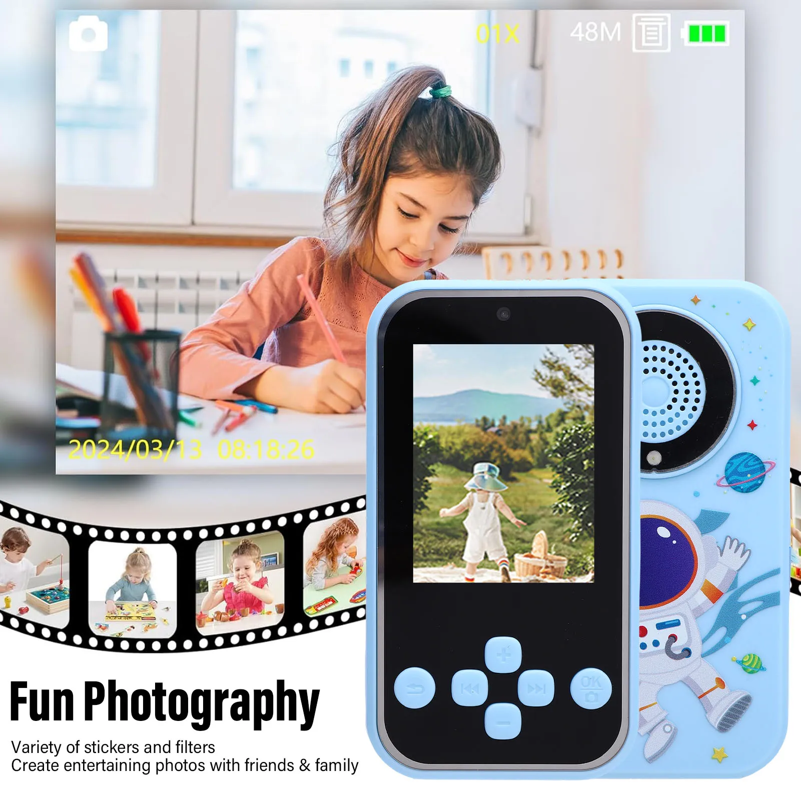 Kids Camera Auto Focus  Pattern Long Battery Life Built in Alarm Clock E Book Kids Camera MP3 Music Player for Student
