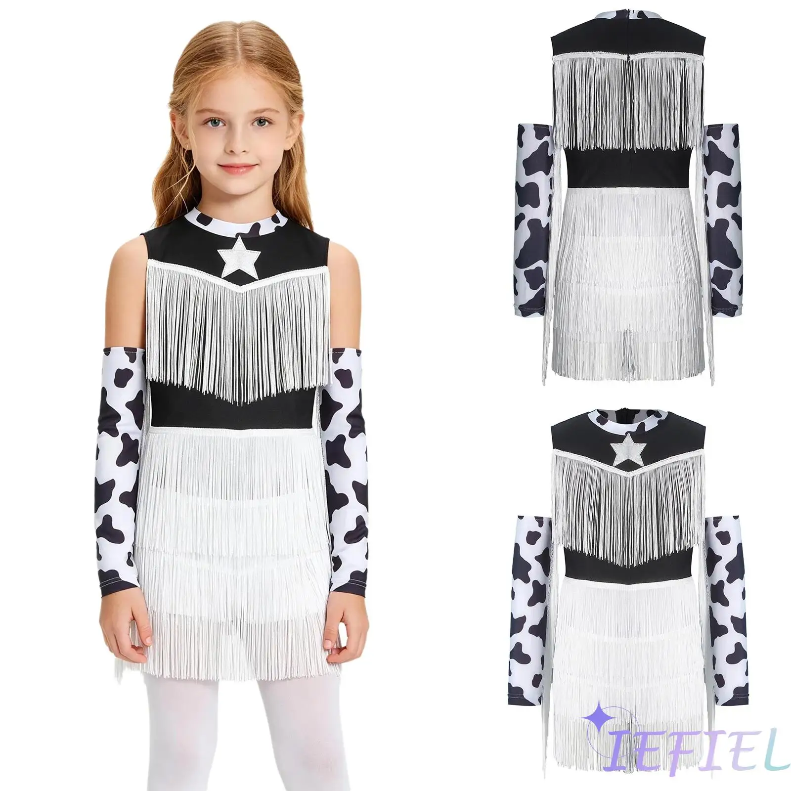 

Kids Girls Cowgirl Style Costume 2 Pieces Jazz Dance Outfit Printed Sleeveless Layered Tassel Jumpsuit with Fringed Gloves