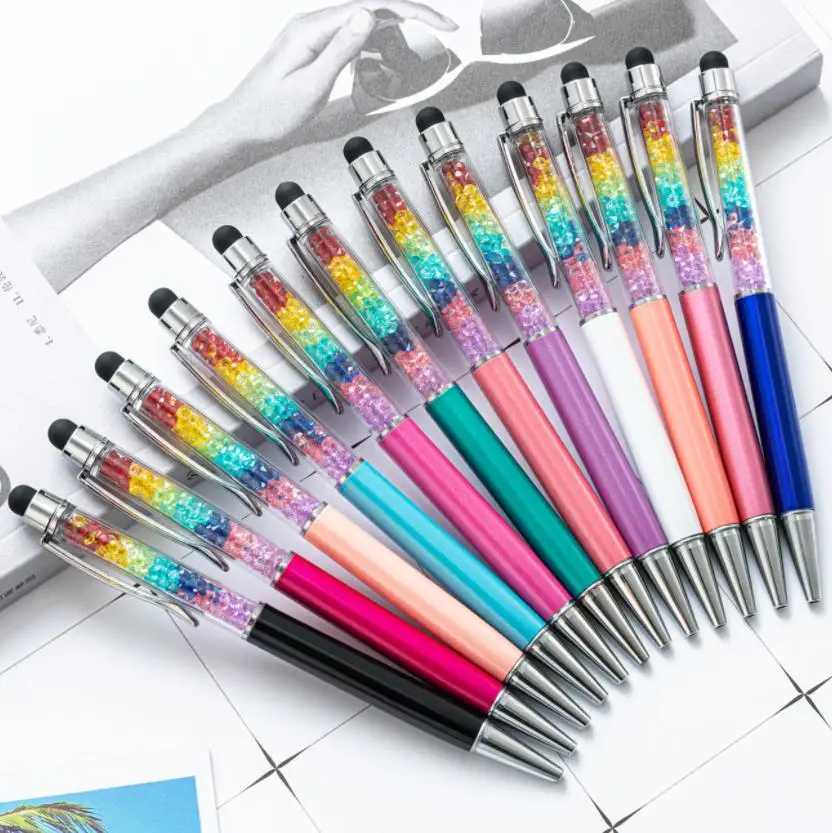 Rainbow Crystal Ballpoints Metal Student Writing Ballpoint Pen Mobile Phone Touch Pen School Office Signature Pens Gift ni71