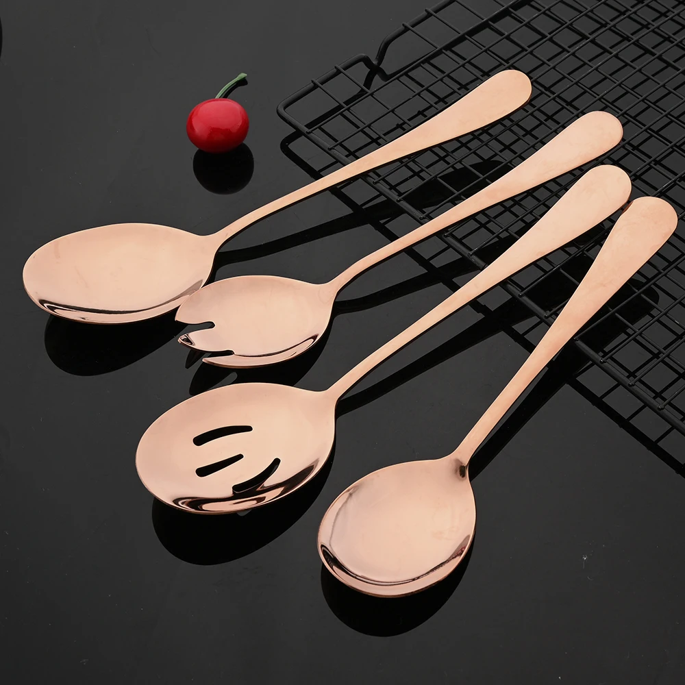 Rose Gold Tableware Stainless Steel Dinnerware Cake Spatula Salad Fork Colander Soup Serving Spoon Flatware Home Cutlery Set