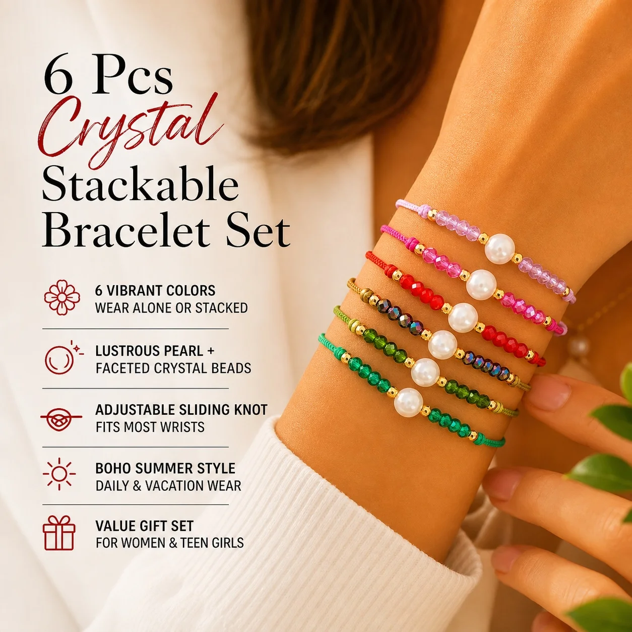 6pcs Bohemian Multicolor Round Crystal Bead Strand Bracelets with Center Pearl and Lace-Up Closure for Women Beach Style
