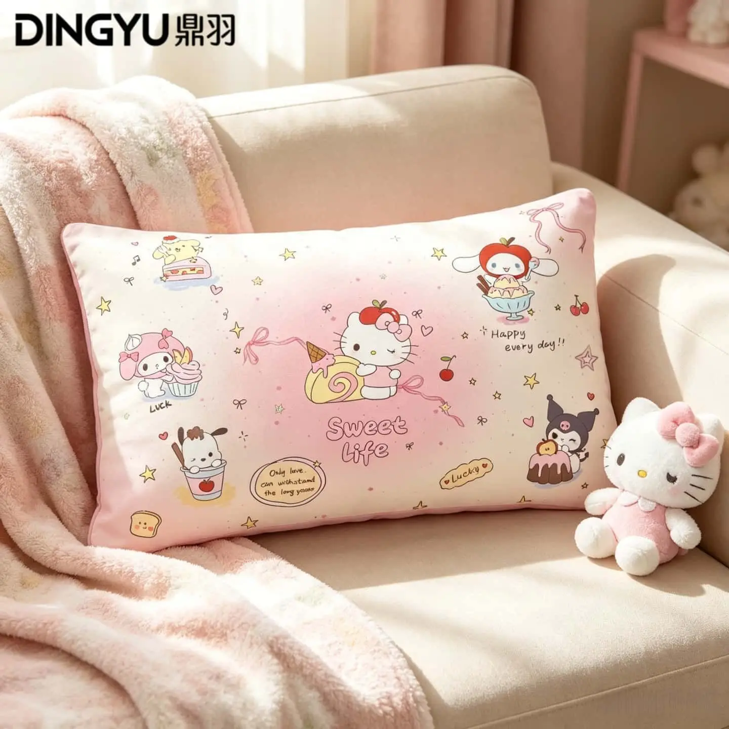 

Pink Gradient HelloKitty MyMelody Long Bolster Pillow Complete Pillow Core / Removable Cover Soft Sofa Lunch Break Back Cushion