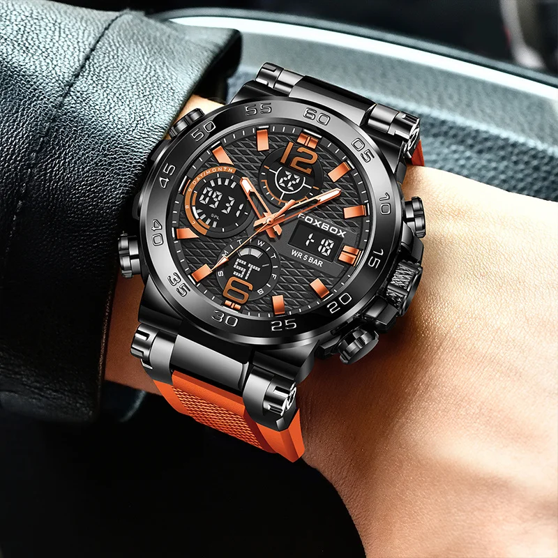 FOXBOX ファッションメンズ腕時計デュアルディスプレイミリタリースポーツマン腕時計デジタル LED 発光カレンダー防水クォーツ時計男性用