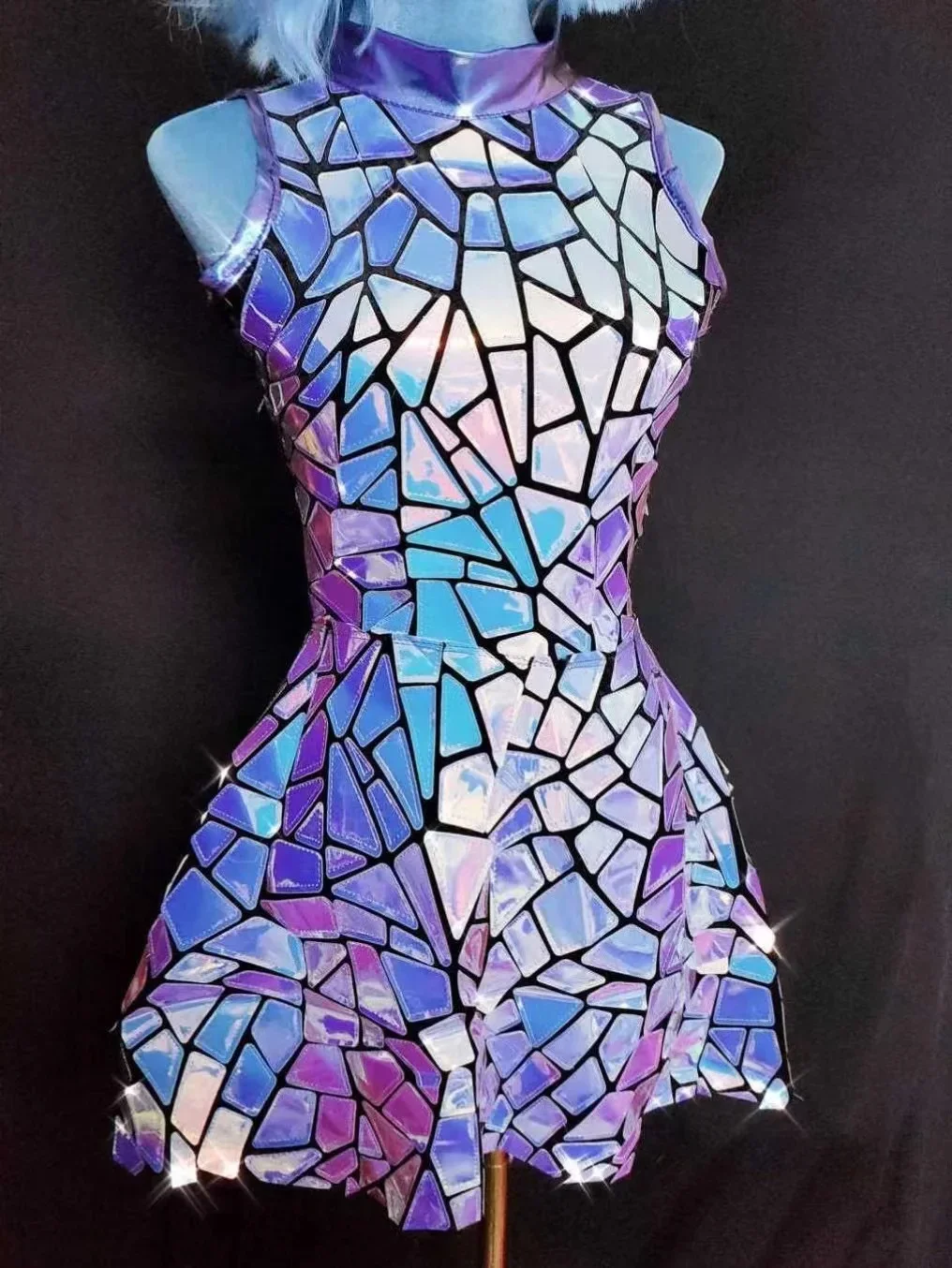 Shiny Purple Blue Laser Mirror Nightclub Dress Sleeveless Bar Dj Gogo Dancer Singer Stage Costume Female Evening Birthday Outfit