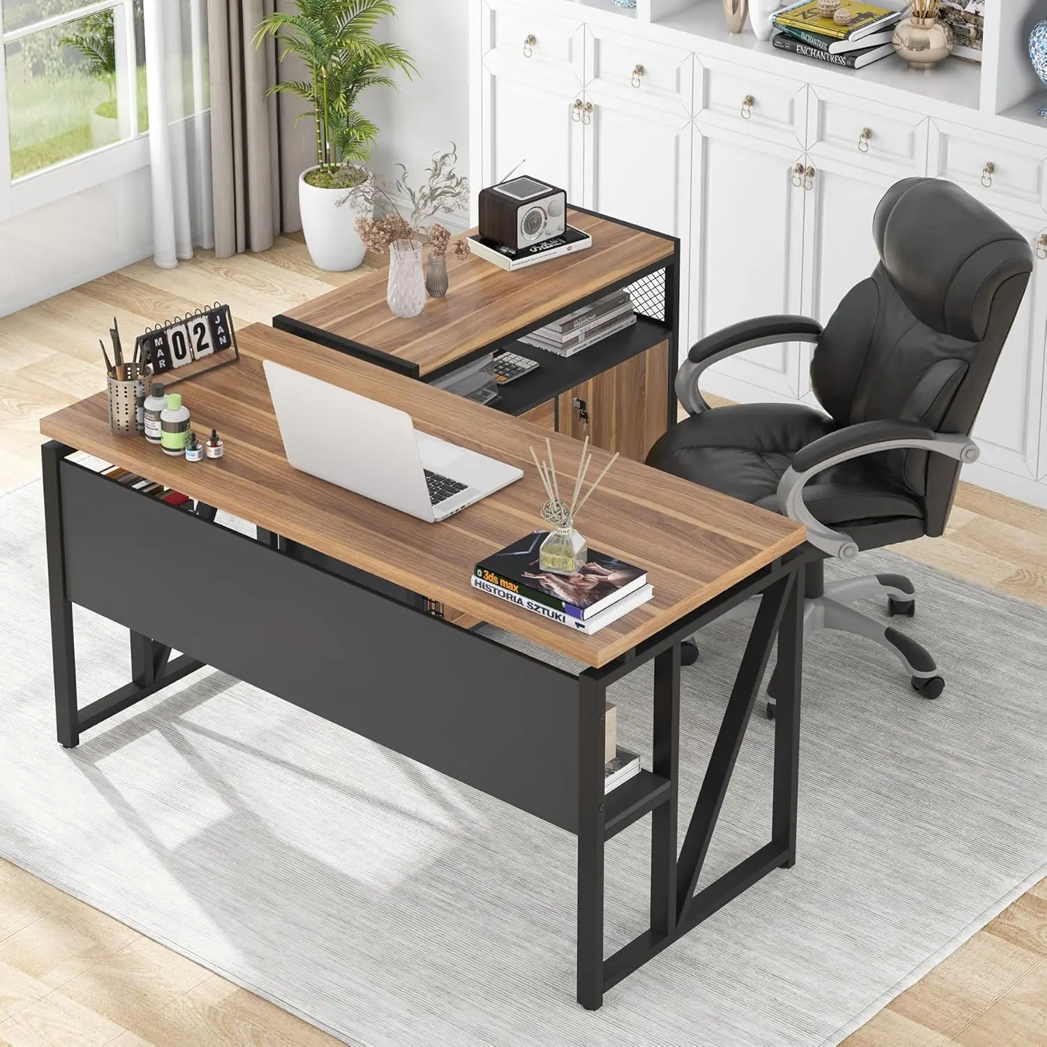 

55-inch L Shaped Desk with Drawer Cabinet, Executive Computer Desk and lateral File Cabinet, 2 Piece Furniture(Brown, 55 inches)