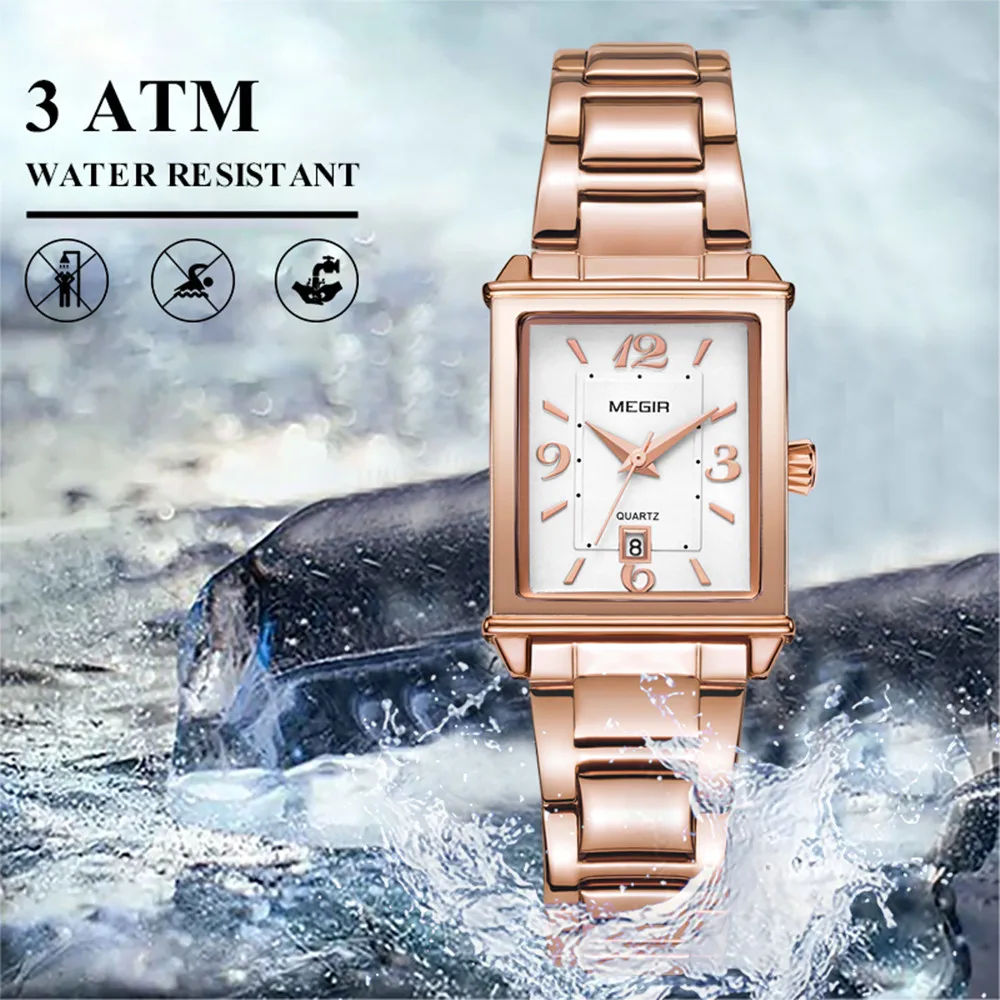 MEGIR Luxury Stainless Steel Bracelet Watch for Women Rectangle Dial Auto Date Ladies Business Sports Wristwatch Gifts for Girl