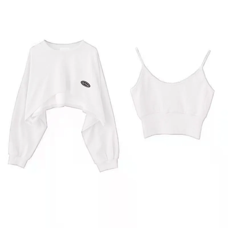 Oversized Crop Sweatshirt and Spaghetti Strap Top Women's Streetwear 2 Piece Set 4 Color Options Sweatshirts Kpop Casual Clothes