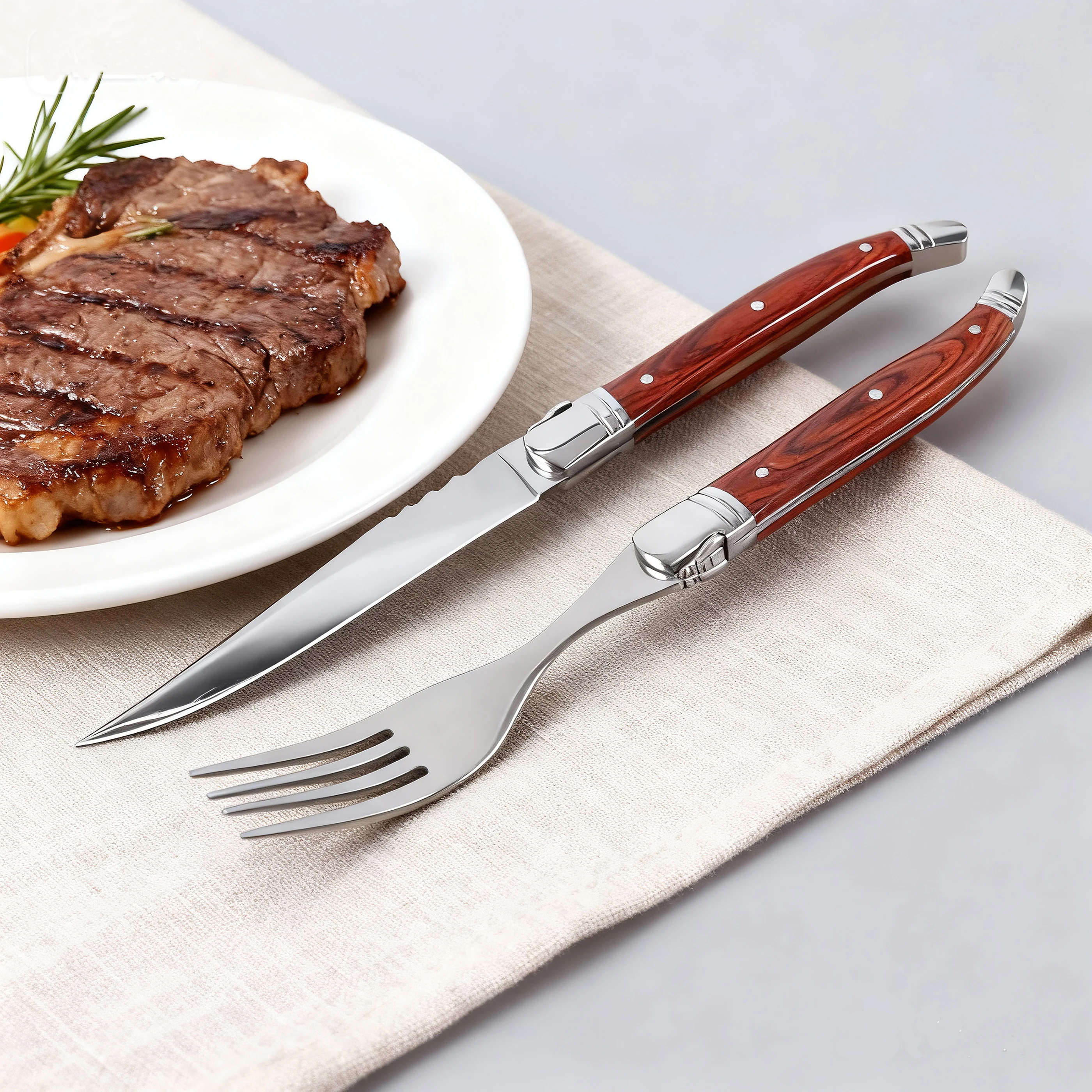 Jaswehome 2-6pcs Steak Knives Forks Set Stainless Steel Dinnerware Red Pakka Wood Handle 430 Double Steel Head Cutlery Gift Set