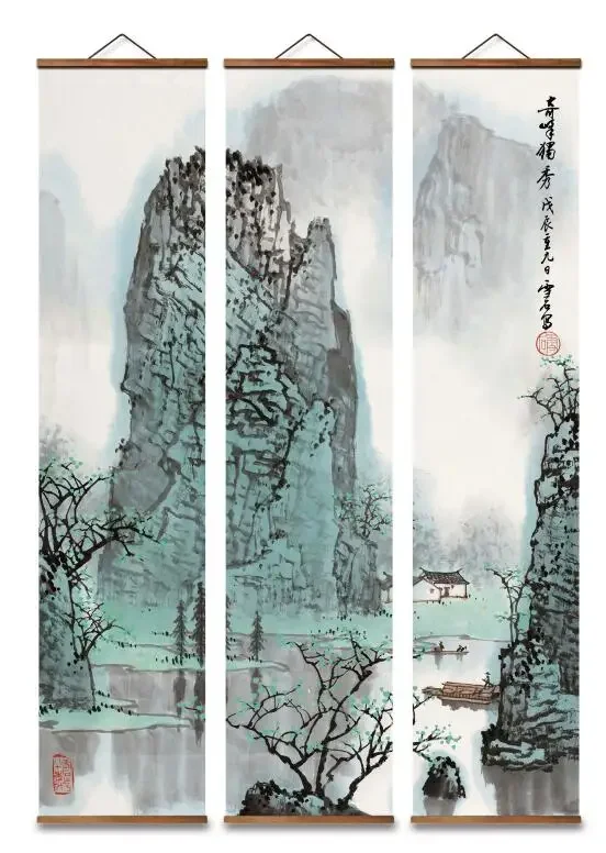 mt5014-estilo-chines-pico-estranho-barco-de-pesca-paisagem-decorativa-arte-da-parede-cartazes-pinturas-em-rolo-madeira-macica