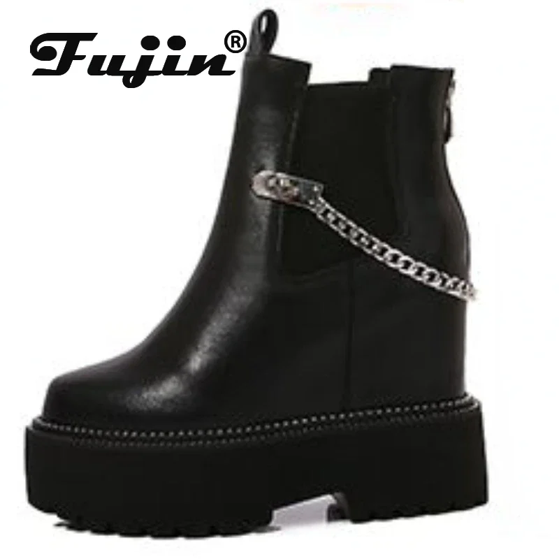 Fujin 12cm New Genuine Leather Women Microfiber Wedge Warm Winter Ankle Knee High Boots Platform Plush Autumn Hidden Heel Shoes